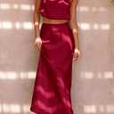 PRETTYGARDEN Women's 2 Piece Satin Outfits Summer Sleeveless Mock Neck Crop Tops and Long Skirt Dress Sets (Deep Red,Small)