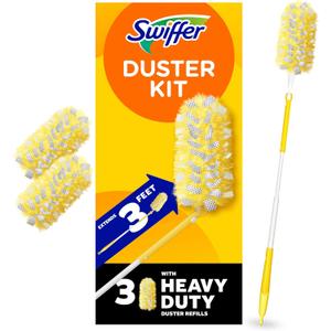 Swiffer Duster Kit with 3 ft Extendable Handle, Heavy Duty Dusting Starter Kit with 3 Refills, for Ceiling Fans, Vents and Hard to Reach Places (4 Piece Set)