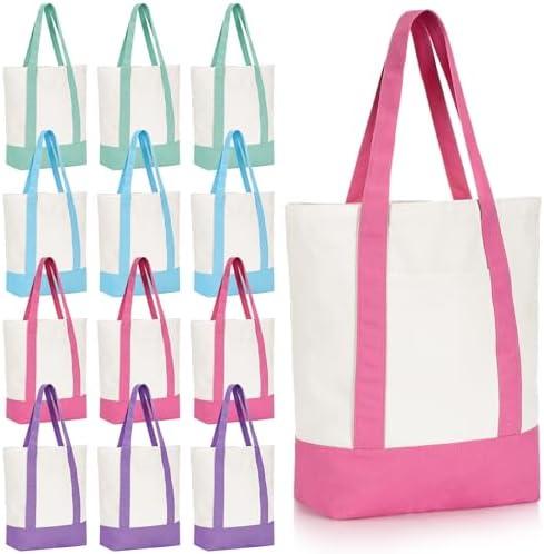Paterr 12 Pack Pastel Mini Canvas Tote Bag with An External Pocket, Reusable Grocery Shopping Bags Small Bag Reusable Tote for Crafts DIY Daily Essential