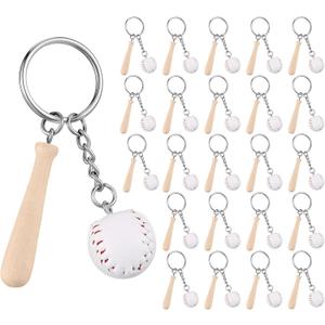 Junkin 24 Pcs Baseball Keychain Baseball Bat Keychain Mini Baseball Keychain with Wooden Bat Sports Keychain for Boys Sports Theme Party Team Souvenir Athletes Rewards Party Favors (White)