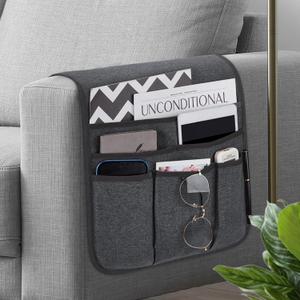 Remote Control Holder Armchair Caddy for Recliner Couch, Non-Slip Armrest Organizer with 5 Pockets for Magazine, Tablet, Phone, iPad (Dark Grey)