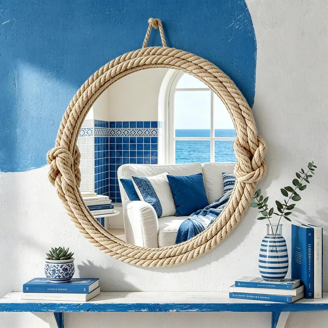 Round Hanging Mirror Nautical Rope Wall Decor for Living Room, Bedroom, Entryway Bathroom Coastal Rustic Farmhouse Decorative Wall Mirror, Beach Style Home Accent (20 Inch Round Hanging Mirror)