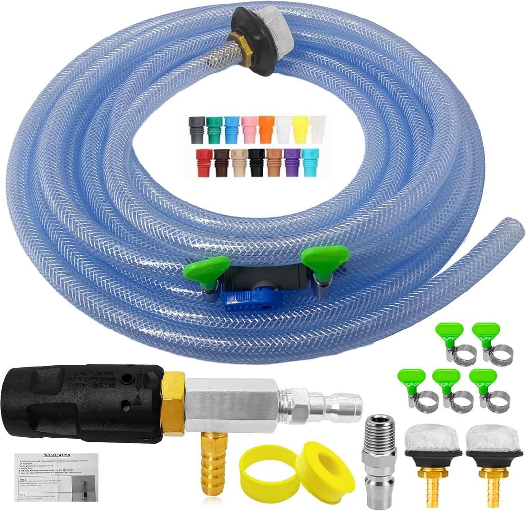 Adjustable Long Range Nozzle for Pressure Washer, Downstream Injection Spray Nozzle Kit 44.5 GPM, External Chemical Injector w/1/4" Quick Connect,15FT Hose,Shut-Off Valve & Filter,25004000 PSI.