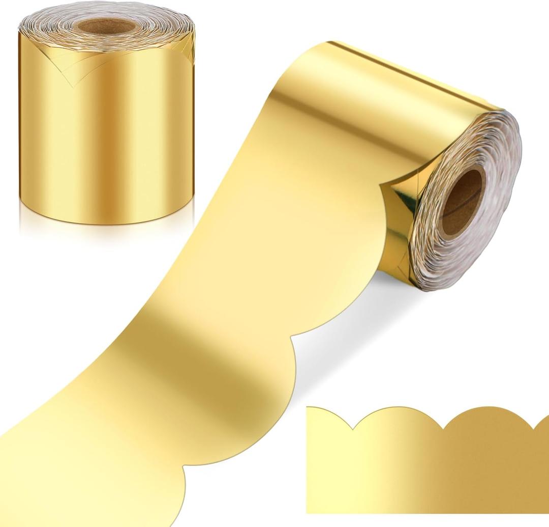 Ecally 65.6 ft Gold Scalloped Bulletin Board Borders Decoration for Classroom Shine Scalloped Decorative Bulletin Board Borders Trim Roll Poster Decor for Back to School Office Home Wall DIY Decor