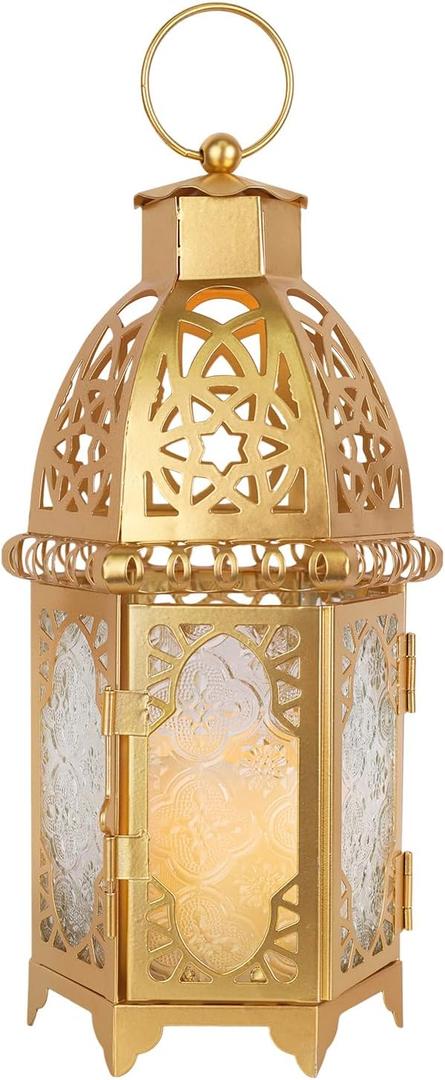 NEEDOMO 12.8'' Moroccan Lanterns Decorative Indoor & Outdoor, Vintage Christmas Candle Holder, Metal Lanterns Decorative, Table, Patio, Porch, Shelf, Christmas Spring Ramadan Eid Home Decor (Golden) (Large)