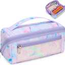 Large Pencil Case for Girls, Aesthetic Pencil Pouch for School, Wide Opening Organizer Box with Handle, Fits 50 Pens & Markers (Glitter Purple Tie-Die)