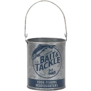 Lakeside Bait and Tackle Metal Bucket - Decorative Fishing Pail for Pencils, TV Remotes or Tools