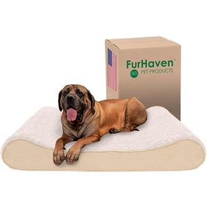 Furhaven Cooling Gel Dog Bed for Large Dogs w/ Removable Washable Cover, For Dogs Up to 150 lbs - Ultra Plush Faux Fur & Suede Luxe Lounger Contour Mattress - Cream, Jumbo Plus/XXL