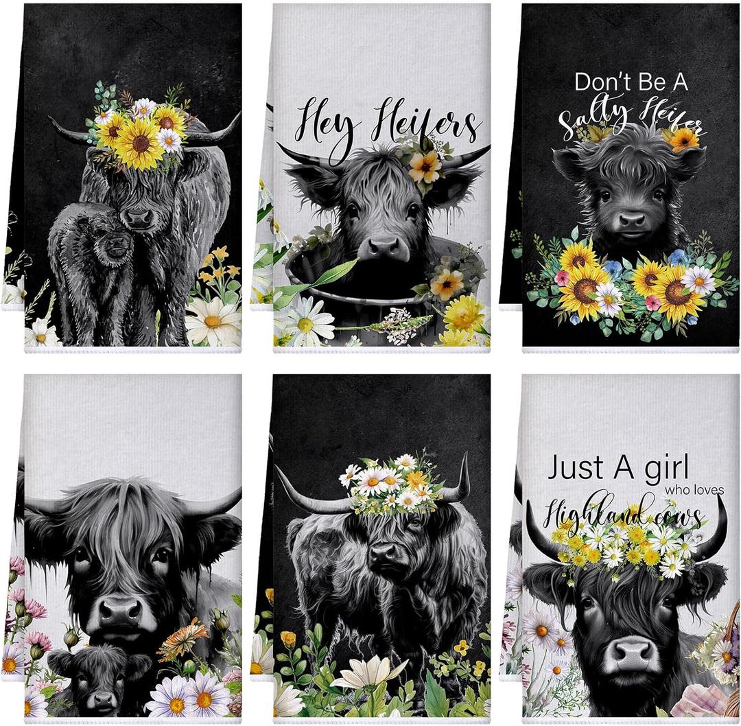 Boyiee Set of 6 Highland Cow Kitchen Towels Hello Heifers Absorbent Tea Dish Towels 24 x 16 Inches Just Who Loves Cow Hand Washcloth Gifts for Farmhouse Kitchen Bathroom Decorations