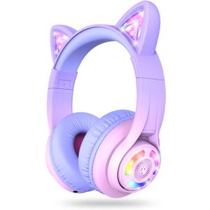 IClever Cat Ear Kids Bluetooth Headphones, LED Lights Up, 74/85dBA Volume Limited, 50H Playtime,Bluetooth 5.2, USB C, Kids Headphones Wireless for Travel iPad Tablet, Meow Macaron-Gradient Pink