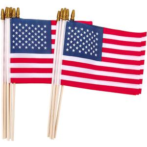 American Flags on Stick, 12 Pcs 8x12 Inch Small US Wood Stick Flags with Kid-Safe Spear Top, Memorial Day Decorations, Patriotic Decorations, 4th of July, 250th Anniversary, Parades