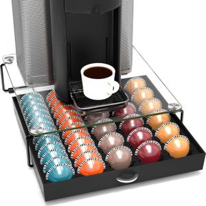 DecoBrothers Crystal Tempered Glass Vertuo Pod Holder Drawer, 30 Large or 60 Small Nespresso Capsule Organizer, Black (60 pcs Capacity)