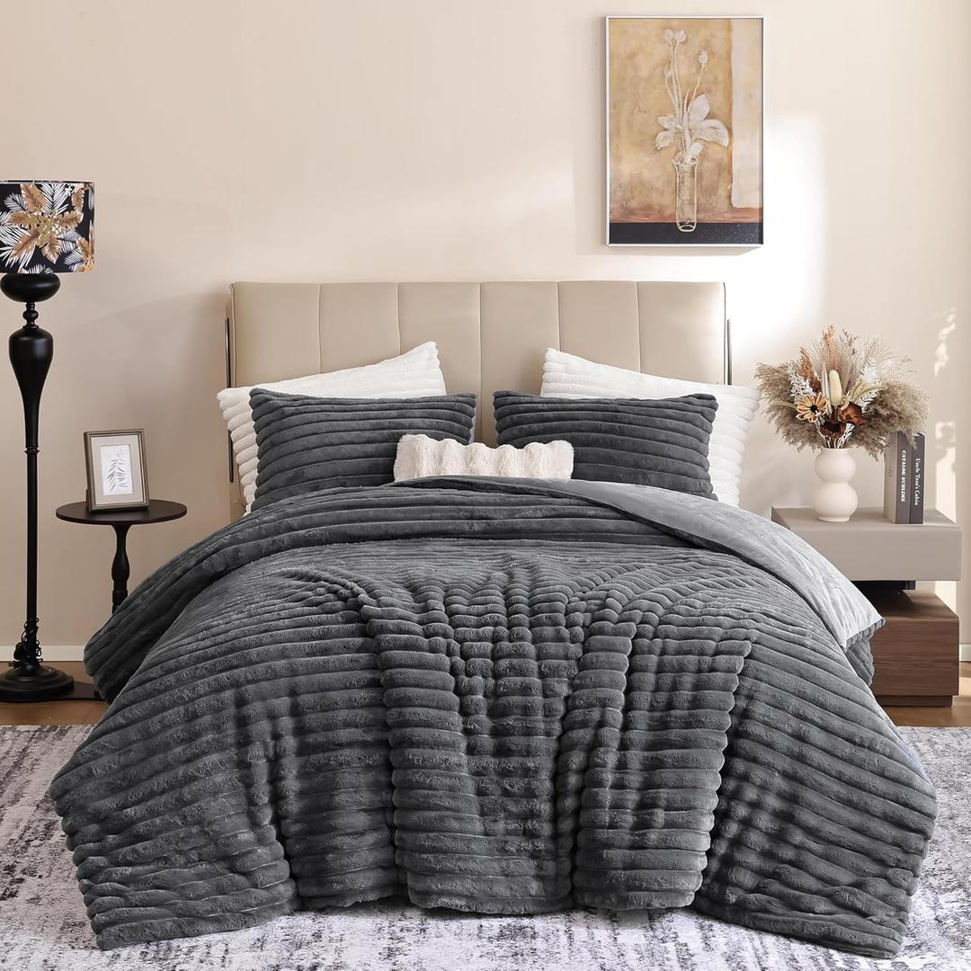 weigelia Grey Comforter King Set  Ultra Soft Plush Fleece Dark Grey Bed Set, Fluffy Warm Luxury Bedding Comforter with 2 Pillowcases, Cozy Heavy Warm Bed Set for Winter