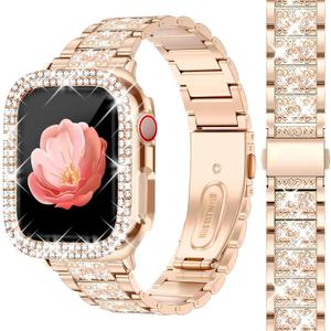 Newlibery Bling Watch Bands with Bling Case for Women Compatible with Apple Watch Band 41mm Elegant Dressy Jewelry Replacement Metal Link Wristband Protector Cover for iWatch Series 9/8/7 Rose Gold