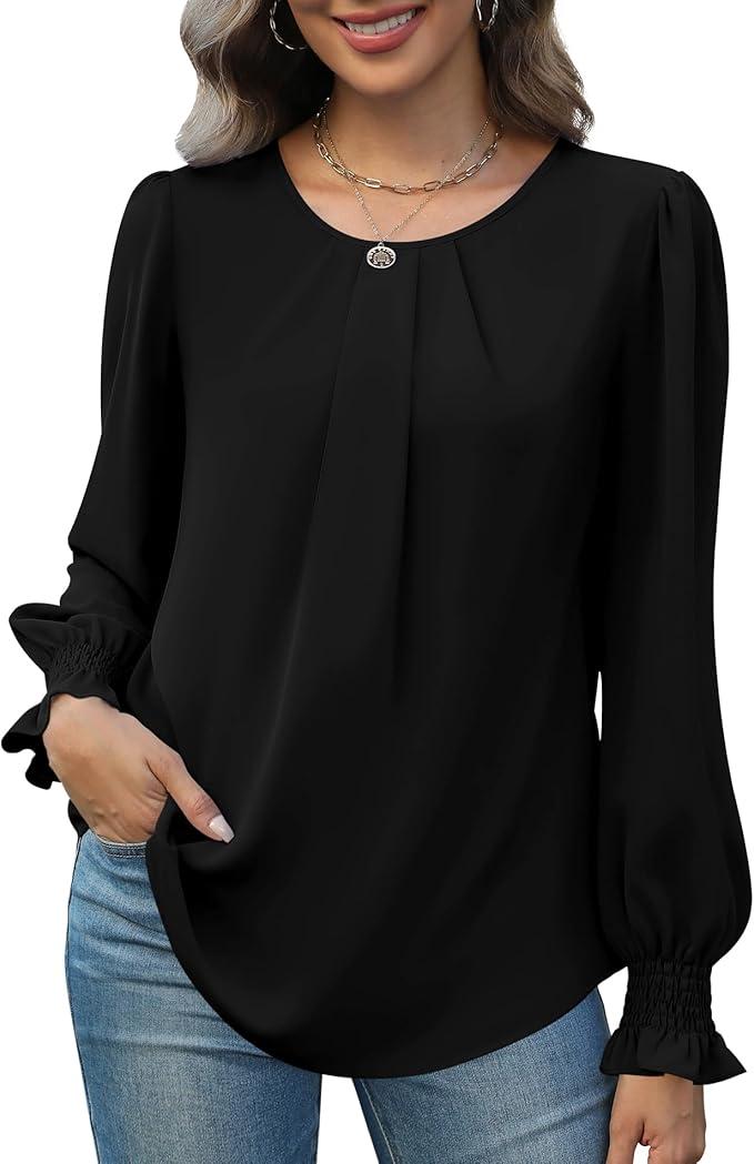 Funlingo Womens Tops Dressy Casual Smocked Long Sleeve Shirts Crew Neck Loose Chiffon Tunics Office Work Blouses, XL