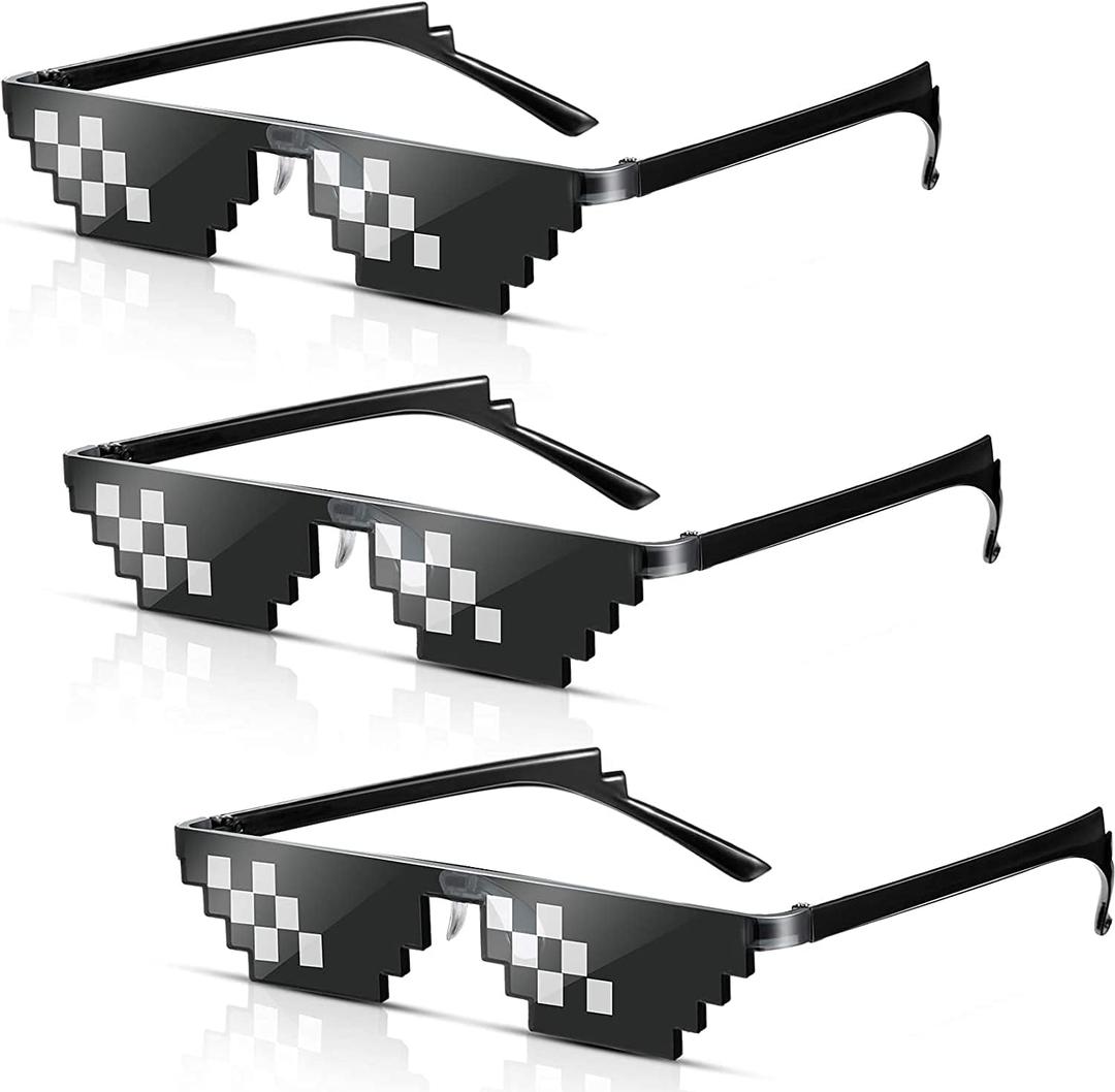 2 x JDD 3 Pack Whole Thug Life 8 Bits Pixelated Meme Party Sunglasses Mosaic Gamer Photo Props Glasses for Men Women, Black, Large