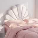 Sliner Scalloped Velvet Headboard Cushion Creamy White Seashell Upholstered Headboard Cushion Queen Size Upholstered Platform Bed Coastal Decor for Teen Girls Bedroom, 59"L x 1"W x 39"H