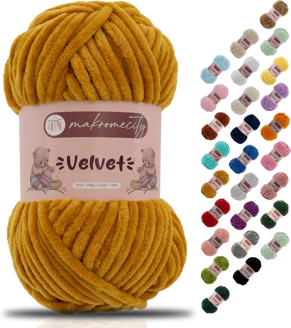 Makromecity Velvet Yarn 100g (3.5oz) / 120m (132yd) 100% Polyester Premium Chenille Yarn, Ultra Soft, Anti-Pilling, Machine Washable 30 Colors for Knitting & Crochet (Mustard, 1 Skein)
