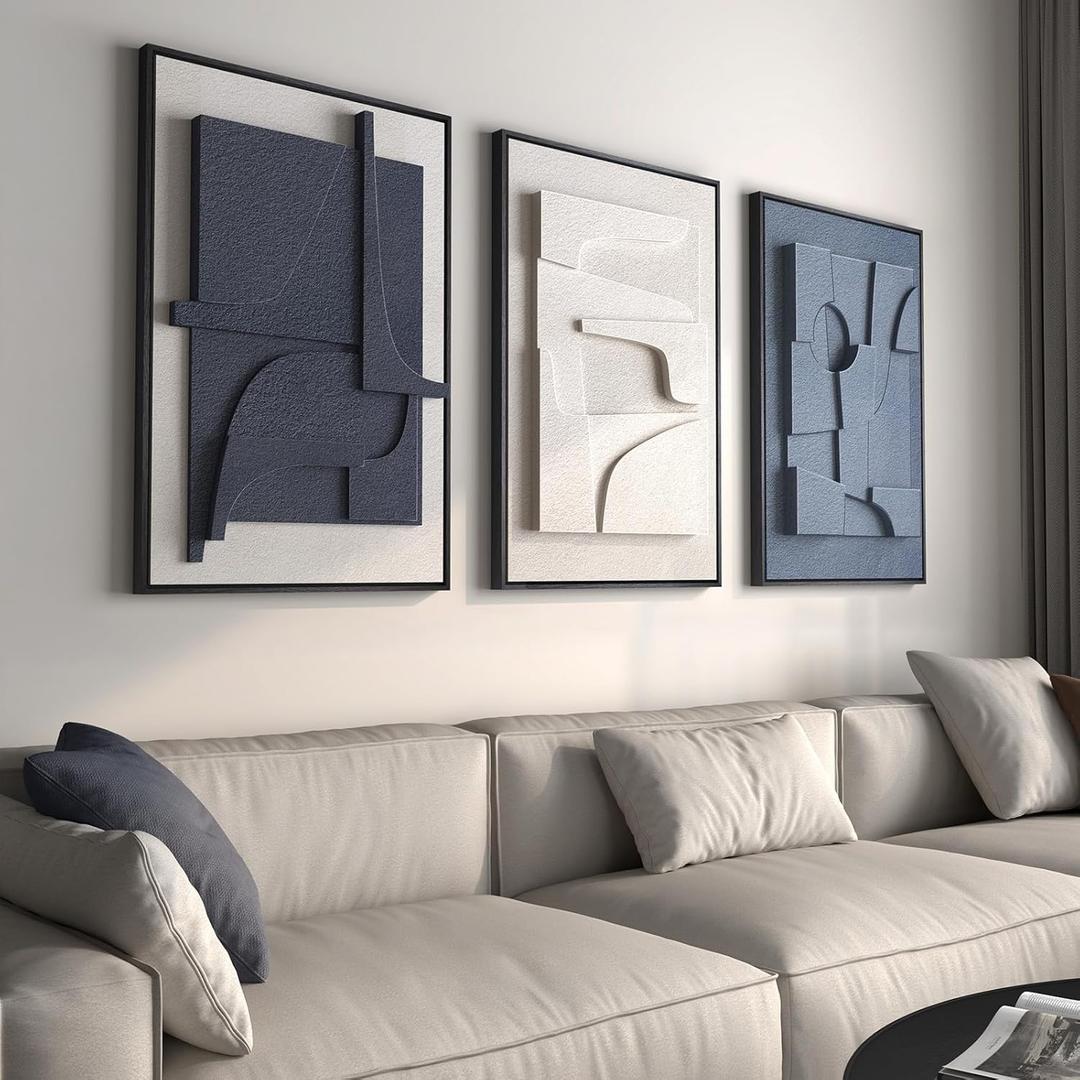 Large 3D Textured Framed Blue and White Abstract Wall Art for Living Room, 3 Piece Modern Artwork for Walls, Minimalist Navy Blue Geometric Paintings for Hallway, Stair, Office Wall Decor 24x36 In
