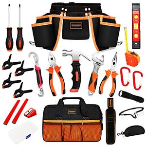 R RECOMFIT 25 Pieces Kids Real Tool Kit Children Real Tool Set with Real Hand Tools, Kids Tool Belt, Pouch Bag,Magnetic Wristband for Small Hands DIY Woodworking Projects Home Repair