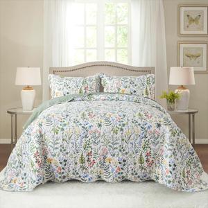 HoneiLife Queen Quilt Bedding Set - 3 Pieces Microfiber Quilt Sets Lightweight Bedspreads Reversible Coverlets Retro Bed Cover Floral Bedding Set Wildflower Quilts All Season Use (Queen/Full-90"x96", Green & White)