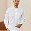 J.VER Men's Banded Collar Dress Shirt Mandarin Long Sleeve Button Down Shirts Stretch Collarless Tops with Pocket (White, L)
