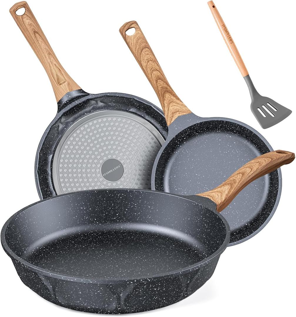ITSMILLERS Kitchen Nonstick Cookware 3 Piece Omelette Pan Skillet Set, Nonstick Die-cast Deep Frying Pans set with Induction Bottom, 8, 9.5 & 11 Inches Frying Pans with Stay Cool Handles, PFOA Free