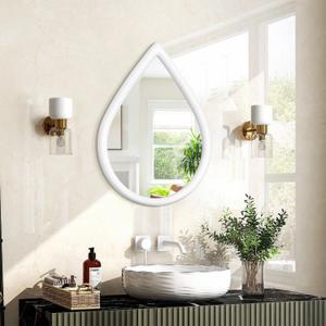 Small Wall Mirror Wood Framed Decorative Mirror White Teardrop Hanging Mirrors Unique Vanity Mirror for Bedroom Bathroom Living Room