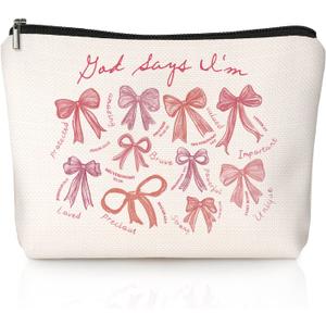 God Says I Am Pink Bow Christian Makeup Bag, Coquette Pink Bow Preppy Cosmetic Bags for Women, Inspirational Christian Gifts for Women, Girly Aesthetic Zipper Makeup Pouch