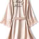 Women's Lace Trim Kimono Robe Bride Bridesmaid Satin Bridal Robes with Embroidered Getting Ready Sleepwear (Champagne)