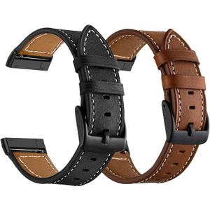 LDFAS Leather Band Compatible for Fitbit Sense 2 /Versa 4 Bands, (2 Pack) Women Men Accessory Watch Strap with Black Metal Buckle Compatible for Fitbit Sense, Versa 3 Band, Brown+Black