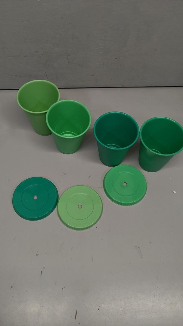 ` Rolling Sands 16 Oz. Reusable Plastic Stadium Cups with Lids, 6 Pack, USA Made Plastic Tumblers and Lids, Includes 6 Reusable Straws; Dishwasher Safe, Green