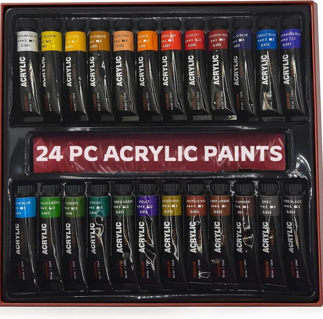 Acrylic Paint Set  24 Bold Colors Acrylic Paint Tubes for Adults - Non-Toxic Paint Sets for Canvas, Wood, Fabric & More  Smooth, Fast-Drying, High-Pigment Formula, 0.4 oz Each