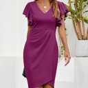 IHOT Women's V Neck Ruffle Sleeve Bodycon Sheath Wrap Ruched Casual Cocktail Party Work Dresses (Pink, L)