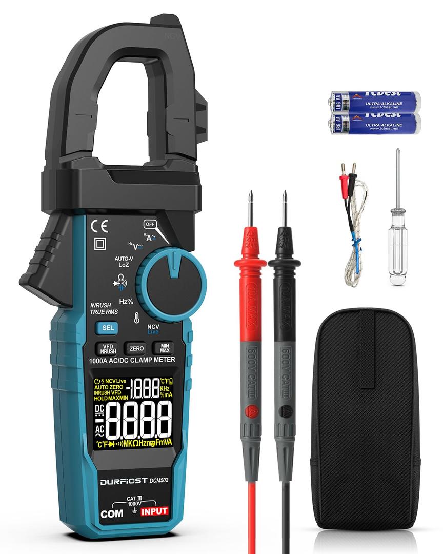 Clamp Meter DURFICST Digital Inrush Clamp Multimeter AC/DC 1000A 6000 Counts Amp Voltage Tester with VFD, LOZ Mode,Measures AC/DC Current Voltage NCV Temperature Resistance Capacitance Frequency (1000A Color Screen)