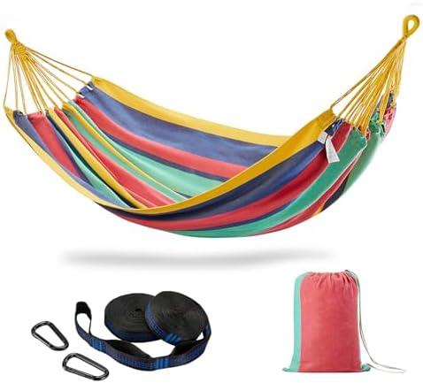 CHULIM Brazilian Double Hammock with Tree Straps,Extra Large 94x63IN,2 Persons Hammock for Backyard Patio Outdoor and Indoor,450lbs Weight Capacity,Soft Woven Cotton Fabric - Aqua Bule Stripe