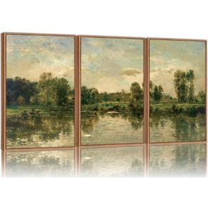 Tinonedraw Vintage Nature Framed Canvas Wall Art Set of 3, French Country Wall Decor, Olive Green Trees Art Paintings, Rustic Landscape Farmhouse Art Prints for Living Room Bedroom Office 24"x36"x3