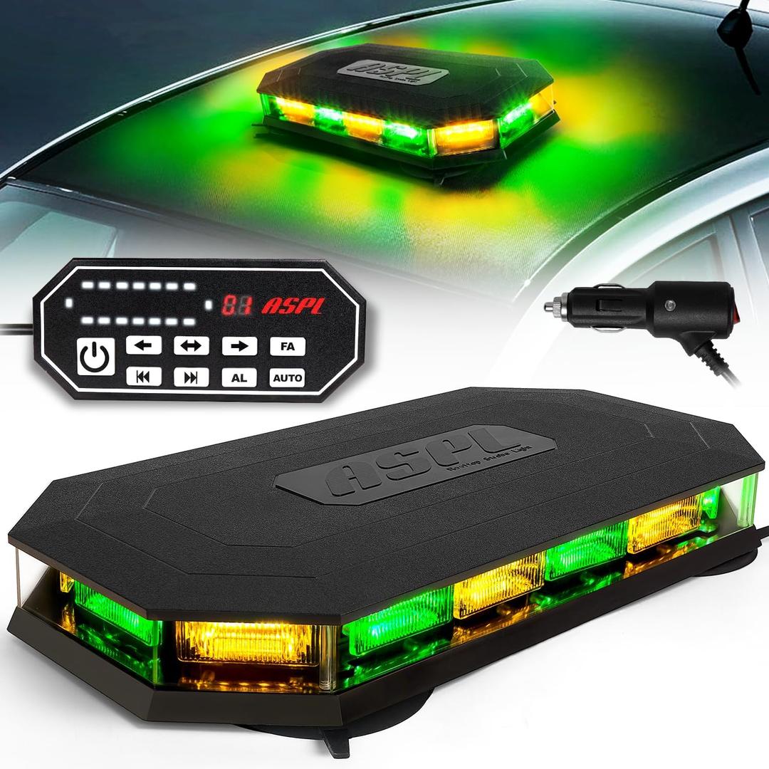 ASPL 16.5 Inch Roof Top Beacon Emergency Strobe Light with Controller 56 LED Magnetic Warning Caution lights bar Traffic Hazard Plow Light for Trucks Vehicles Construction Snowplow (Amber/Green)