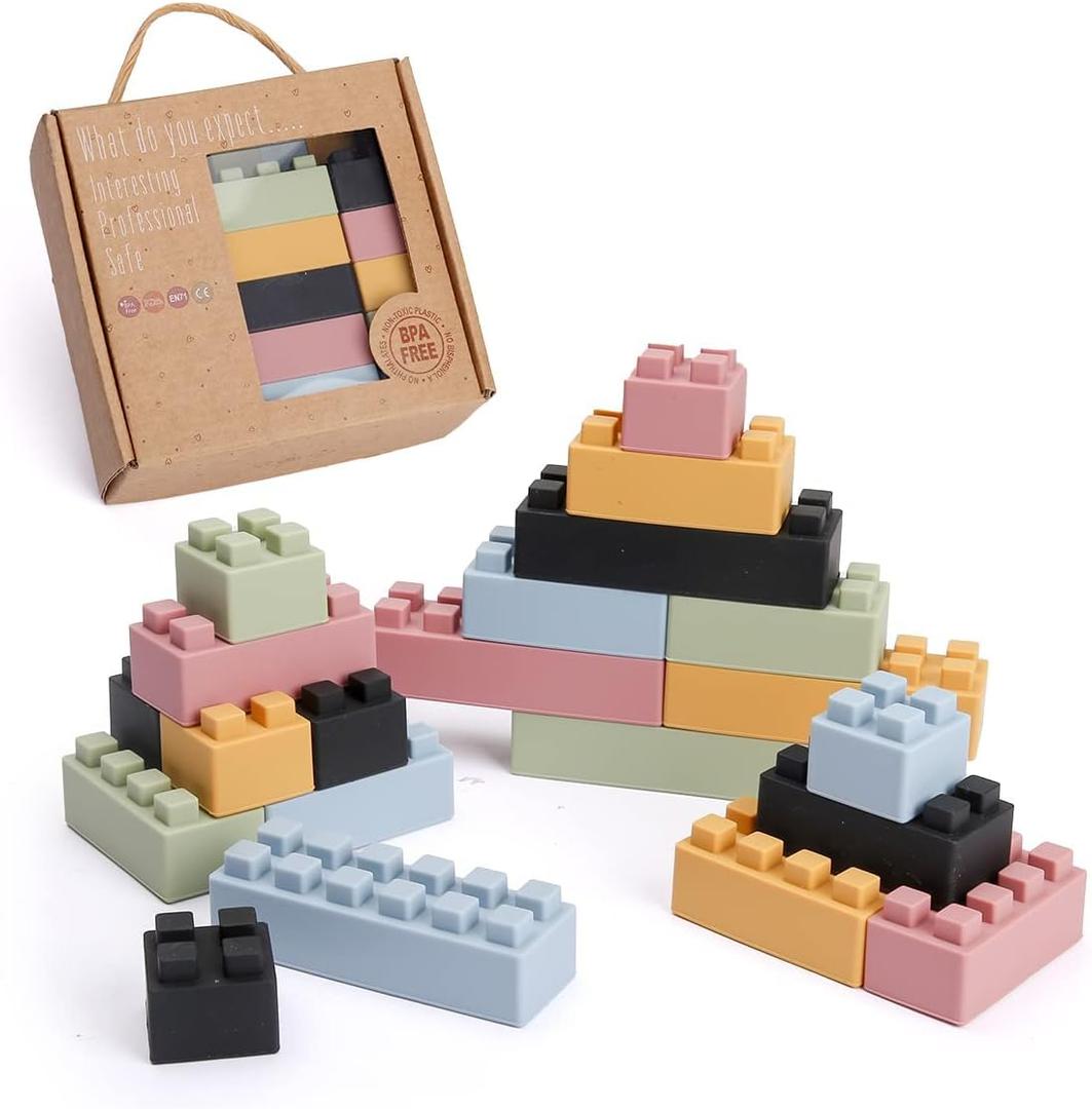 bopoobo Stacking Toys Soft Building Blocks, Silicone Montessori Educational Toy Toddler Sensory Learning, Baby Bath Toys, Girls Boy Gifts for Kids Age 1 2 3 Years Old (5 Color)