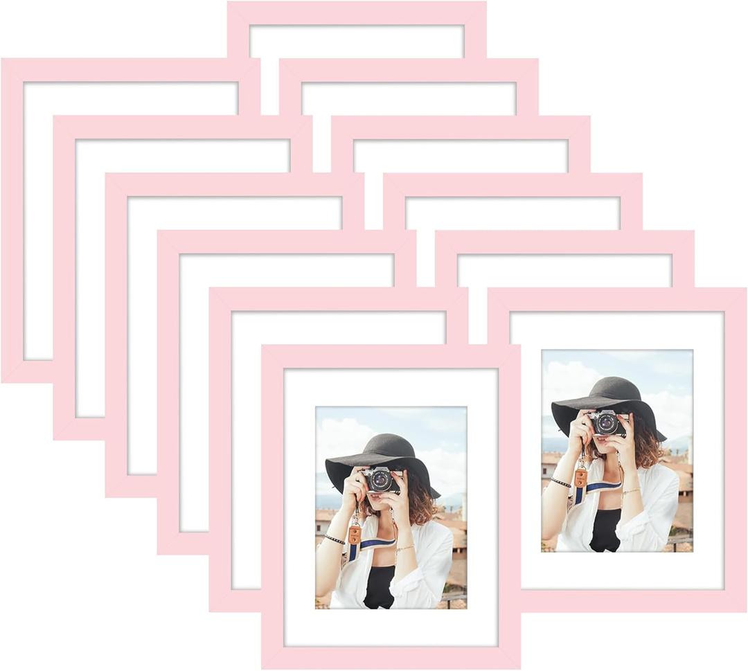 7 x Picrit 8.5x11 Picture Frame Set of 12, Display 6x8 with Mat or 8.5 x 11 without Mat, Photo Frames for Wall Mounting or Table Top Display, Pink