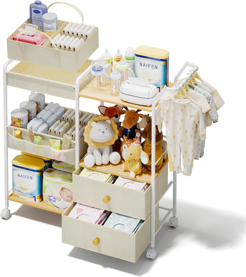 BBLIKE Diaper Caddy Organizer with Hanging Rack - 3 Tier Rolling Baby Storage Cart with Drawers and Side Pockets for Newborn Diaper Organization for Nursery, Crib, Bedroom, Changing Table, Beige