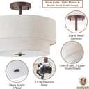 Bargeni 16" Semi Flush Mount Ceiling Light, 3-Light Drum Ceiling Light Fixture, Oil Rubbed Bronze with Double Linen Fabric Shade, Modern Light Fixtures Ceiling Mount for Bedroom, Living Room, Entryway