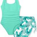 Tomolant Girls Swimsuit Halter Neck One Piece Bathing Suit with Tropical Printed Cover Up Skirt Girls' Swimwear Set 11-12Y