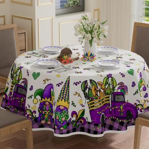 XCHI Purple Plaid Truck Gnomes Lobster Mardi Gras Tablecloth Round Carnival Table Cloth Washable Table Covers for Indoor Dining Home Party Decorations 70x70 Inch