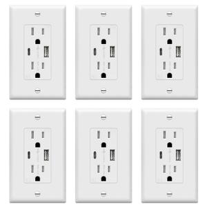TOPGREENER USB Outlet, Type C & Type A USB Wall Outlet, 15 Amp Tamper Resistant Receptacle Plug, Charging Power Outlet with USB Ports, Wall Plate Included, UL Listed, TU21536AC-W-6PCS, White, 6 Pack