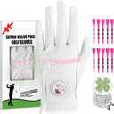 Amy Sport Womens Golf Glove 1 Pack with 2 Ball Marker & 1 Hat Clip & 10 Plastic Tees, Microfiber & Leather All Weather Grip Glove for Left or Right Hand, Soft Comfortable Ladies Gloves
