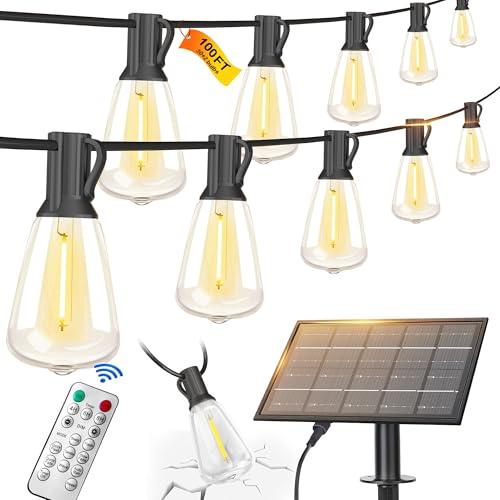BLIATLUS 100FT Solar String Lights Outdoor Waterproof with Remote Control Solar Patio Lights 30+2 shatterproof LED ST38 Bulbs for Porch Garden Market Bistro Patio Backyard Fence