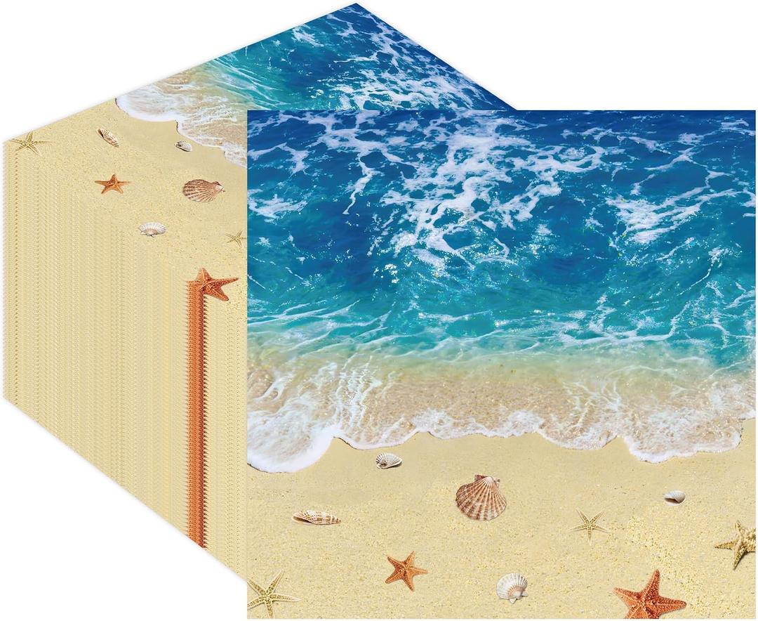 50Pcs Ocean Waves Paper Napkins - 13x13 Inches Seashell Starfish Nautical Design Luncheon Napkins Disposable Blue Ocean Themed Napkins for Birthday Baby Shower Pool Party Decoration Supplies