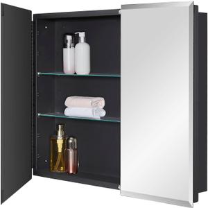 Black Bathroom Medicine Cabinet with Beveled Edge Mirrored Door 30 x 26 inch, Recessed or Surface Mount, with Adjustable Glass Shelves