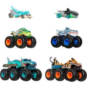 Hot Wheels Toy Cars & Monster Trucks, Sharks vs. Dinos Multipack with 2 Big Rigs, 2 1:64 Scale Monster Trucks & 2 1:64 Scale Hot Wheels Vehicles